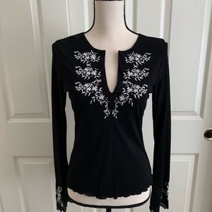 INC Black bell sleeve top with white embroidery